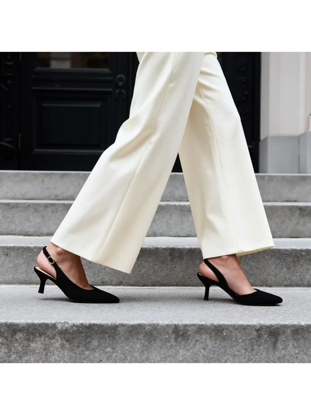 Dream Pairs Women's Black Nubuck Pointed Toe Faux Leather Kitten Slingback Heels